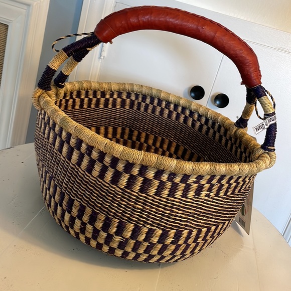 New African Market Basket Large round with leather handle navy blue/purple - Picture 1 of 15